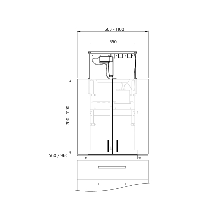 Måttuppgifter - Väggskåpslyft Granberg Diago 504 - för köksskåp bredd 60 - 110 cm 