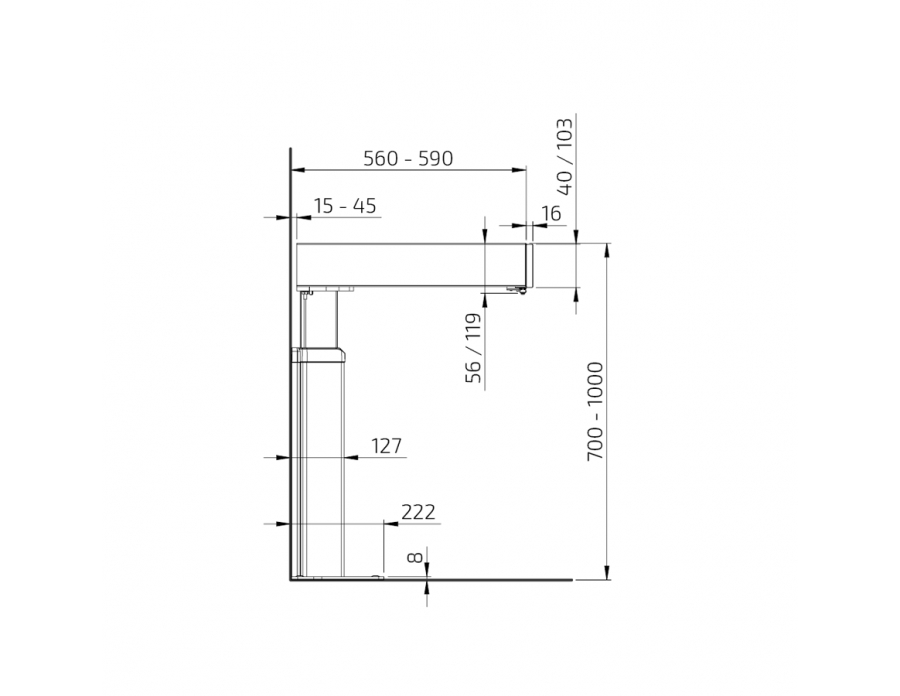 Dimensions - Kitchen Worktop Lift Baselift 6310LA -Floor-mounted, 40 mm front