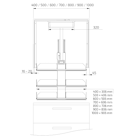 Måttuppgifter - Vertikal lyftinsats för väggskåp Granberg Verti 831 - 31,0 cm djup
