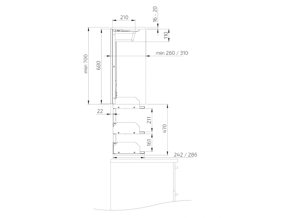 Måttuppgifter - Vertikal lyftinsats för väggskåp Granberg Verti 830 - 26,5 cm djup